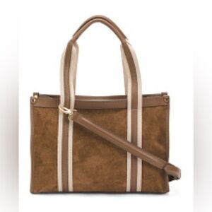 Divina Firenze Luxurious Brown and Cream Suede Tote with Striking Stripes NWOT